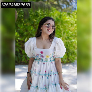 Embroidered White Short Dress, Square Neck Georgette Women's | Summer Getaway