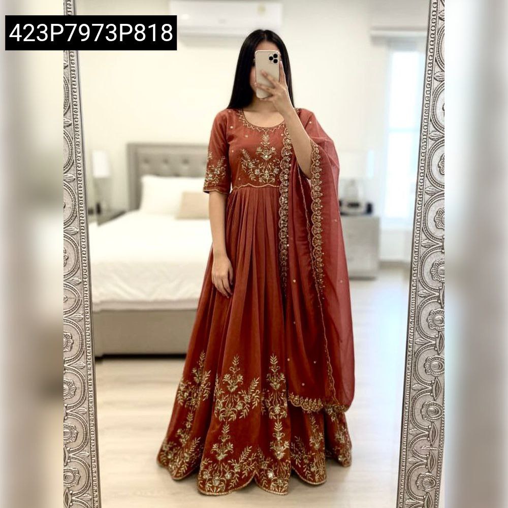 Women's Elegant Embroidered Maxi Gown in Rust, full body shot