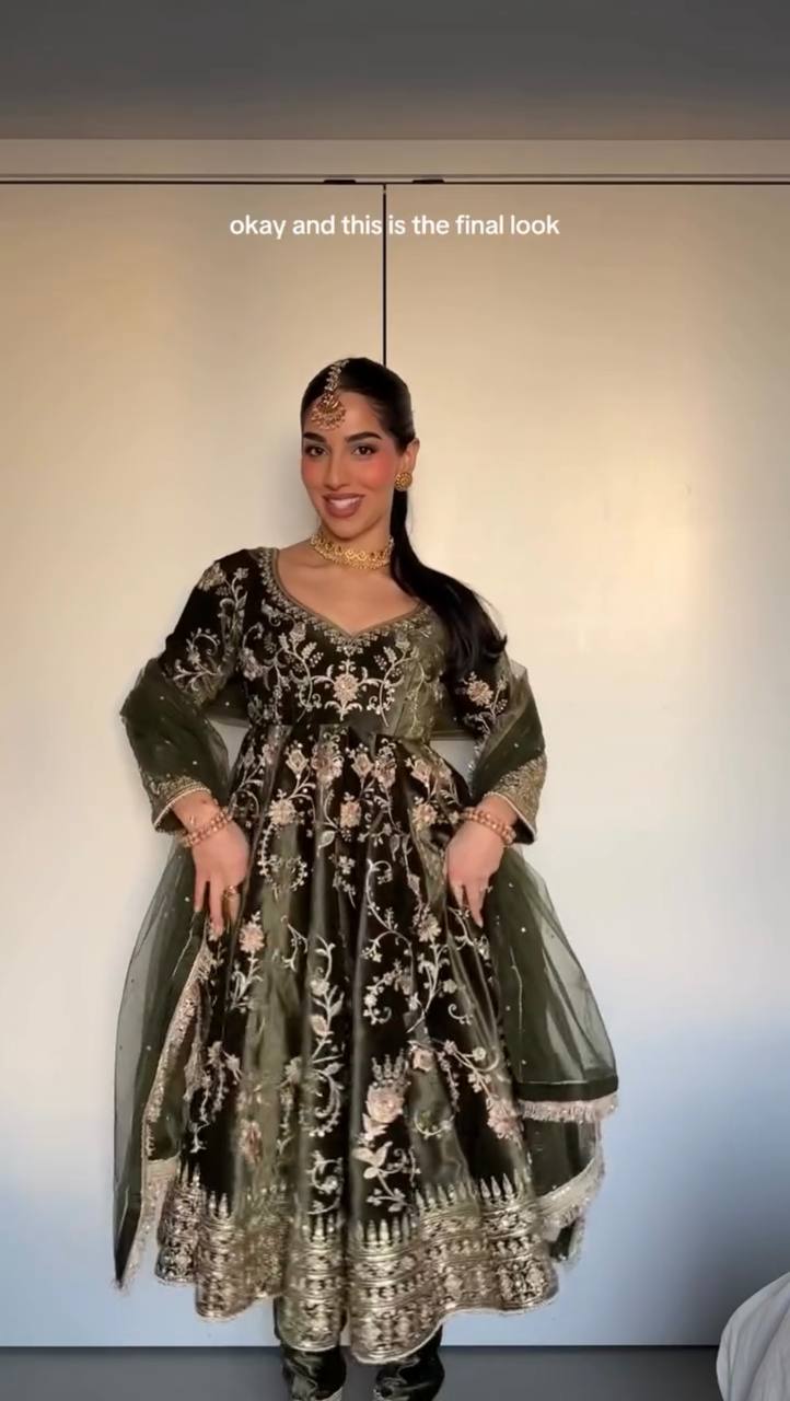 Model in Emerald Green Viscose Velvet Anarkali Suit, front pose, showcasing full outfit.