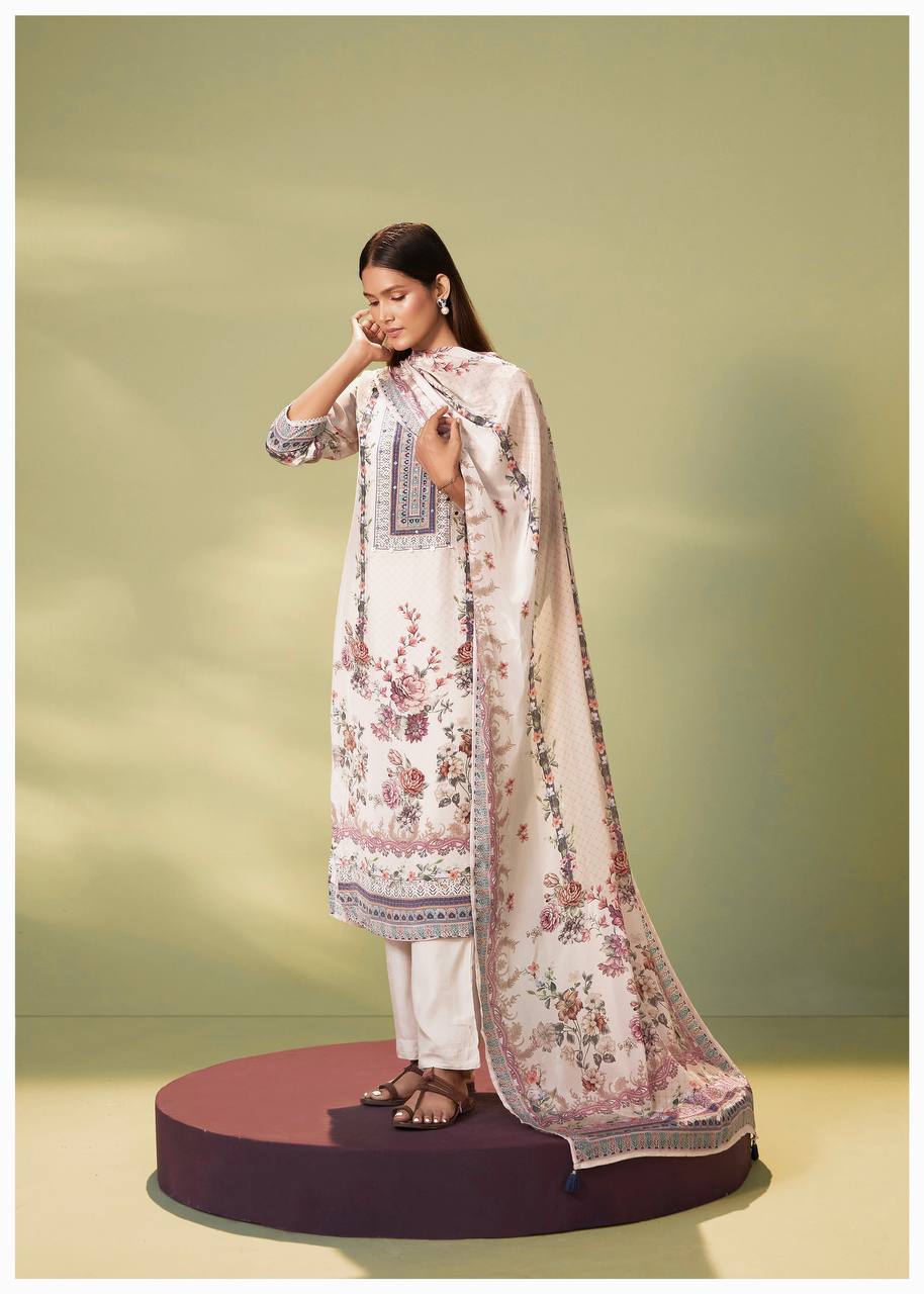 Model showcasing a beautiful cream digital printed Chinon silk kurti set with pant and dupatta, on a minimalist set.