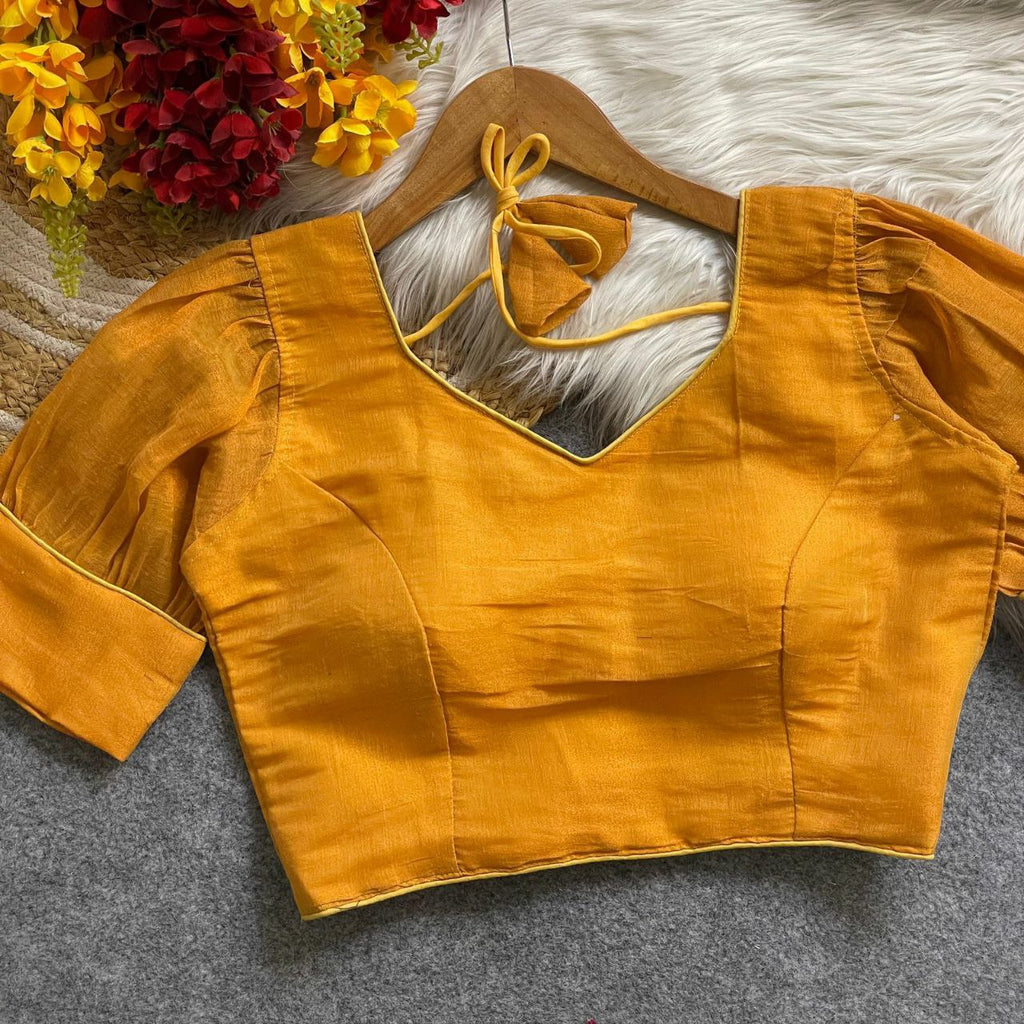 Golden Yellow Erode Silk Balloon Sleeves Blouse for Women
