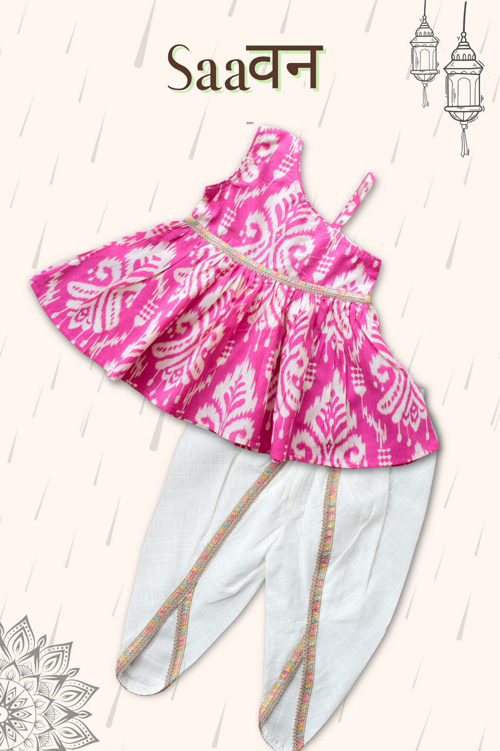 Girls Saavan pure cotton pink Ikkat print ethnic clothing set