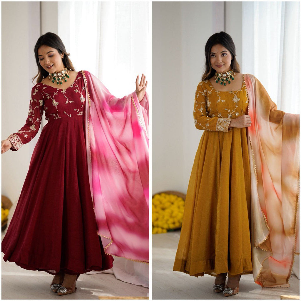 Maroon and Mustard Yellow Embroidered Anarkali Gown with Dupatta - TRENDBUY