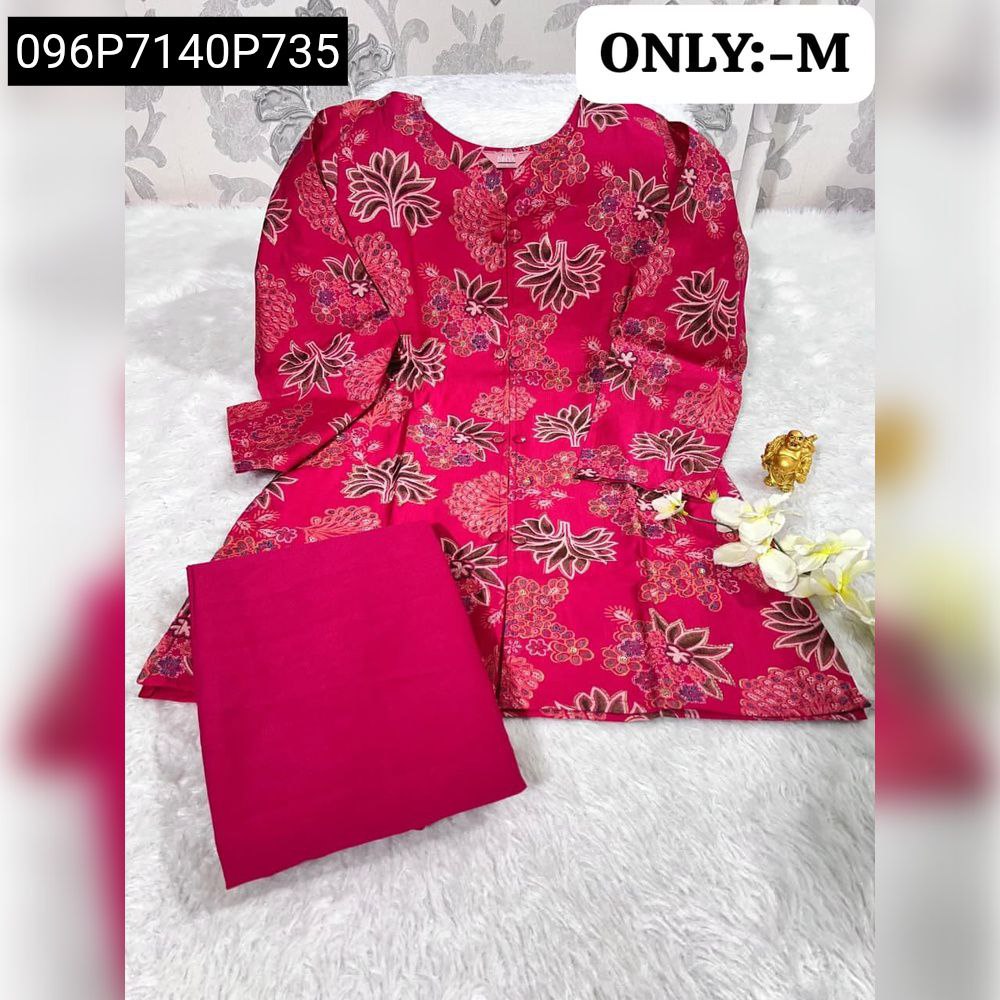 Women's hot pink Heavy Vertigan Silk cord set with floral print and handwork, with plazzo pant.