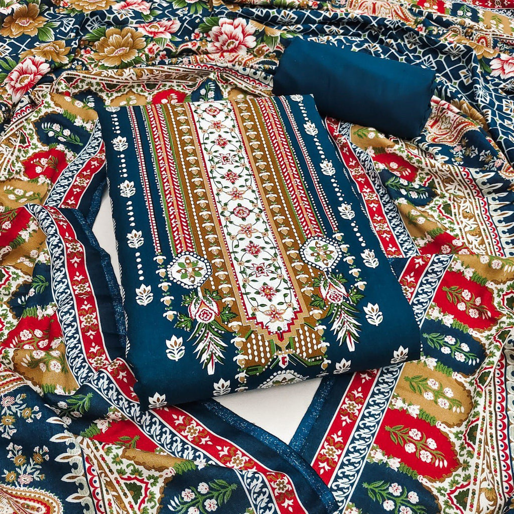 Ethnic Printed Rayon Suit Set in Sapphire Teal, top, bottom, and dupatta
