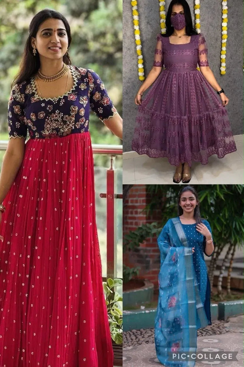 Three women wearing diverse Indian ethnic wear including a pink gown purple net dress and a blue floral printed suit