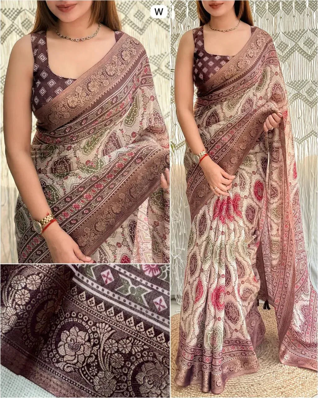 Model wearing wine ajrakh printed cotton saree with zari border