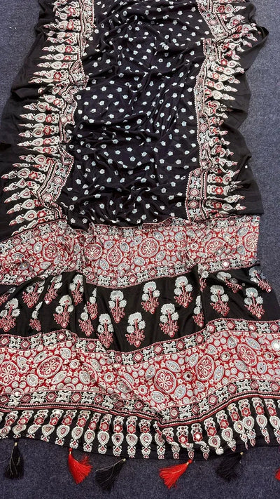 Exclusive Ajrakh Saree - Trending Satin Moss with Mirror Work for Festive Wear