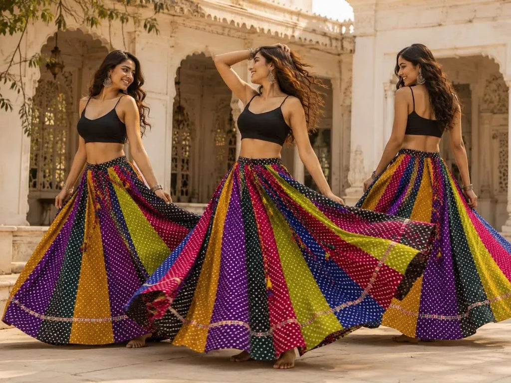 Model wearing black crop top and multi-color bandhni print flared skirt outdoors