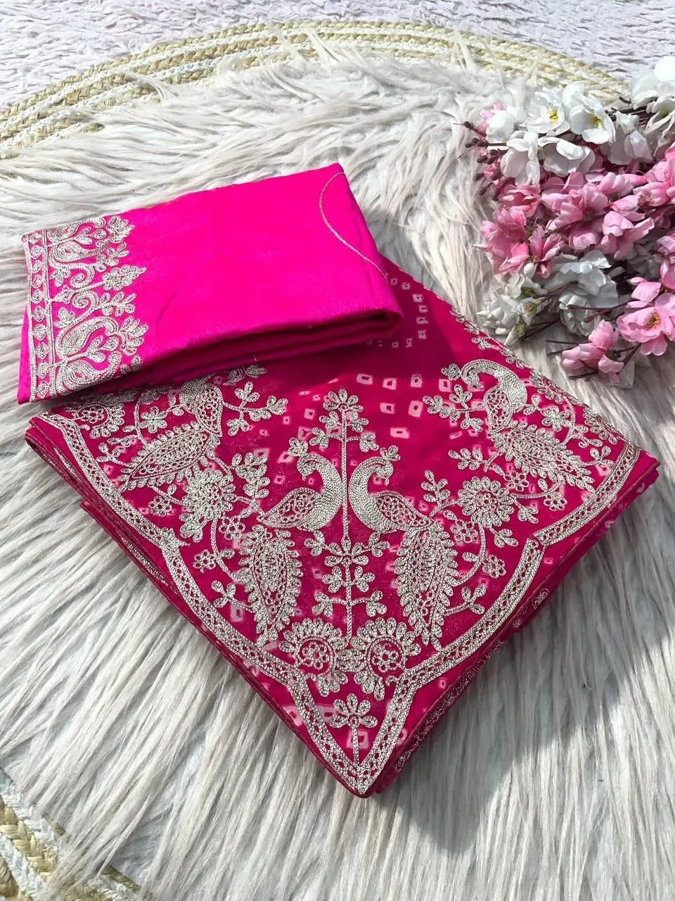 Hot pink cbyc silk saree with heavy silver embroidery pallu and matching blouse piece