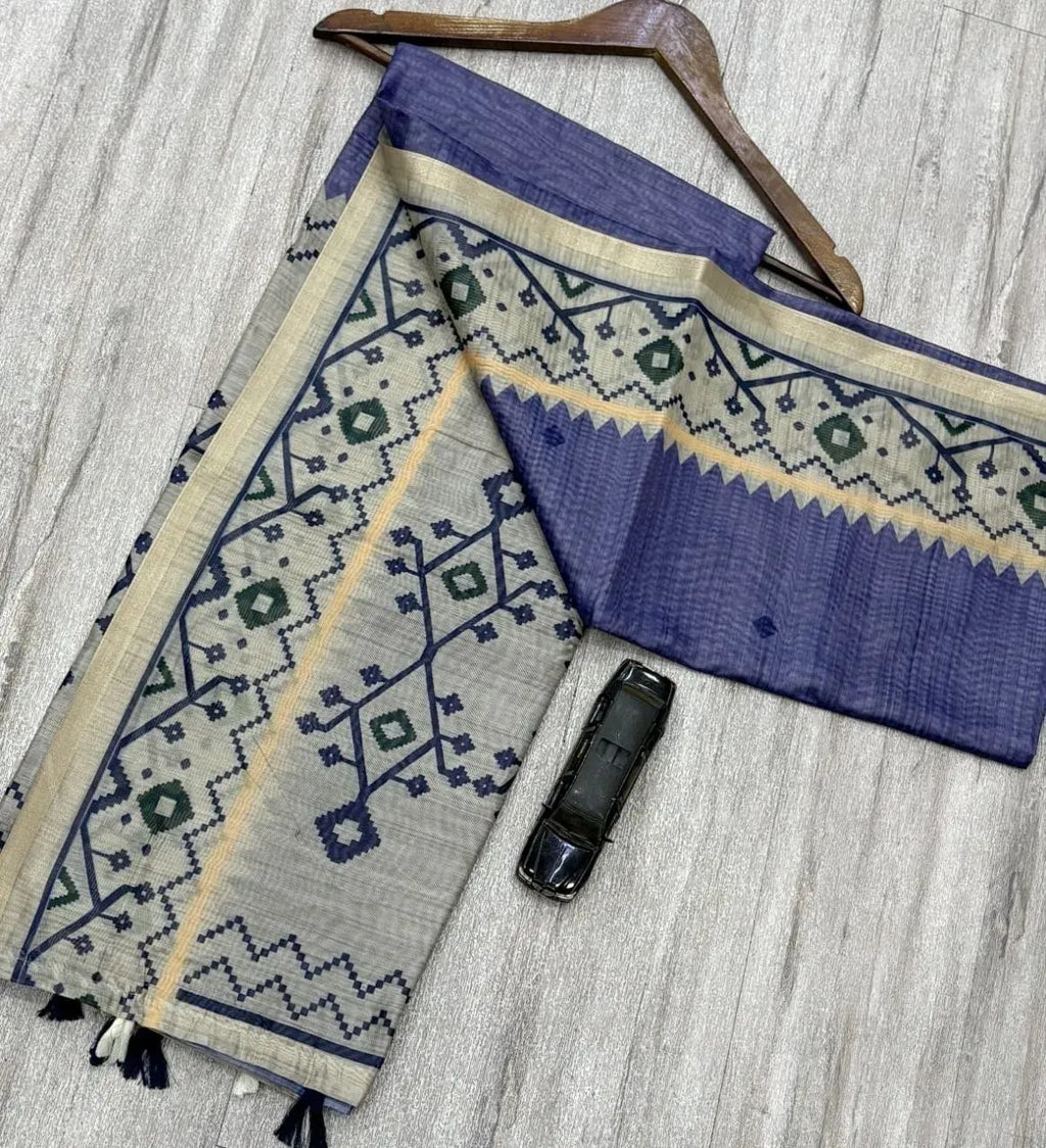 Blue chanderi slub cotton digital print saree on hanger