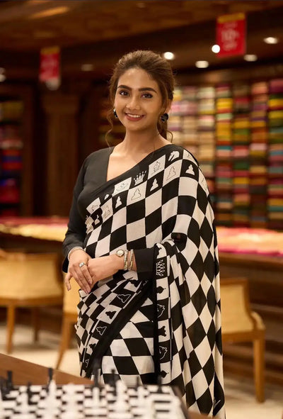 Exclusive Chess Crape Satin Saree - Elegant Checkered Print Festive Wear for Women