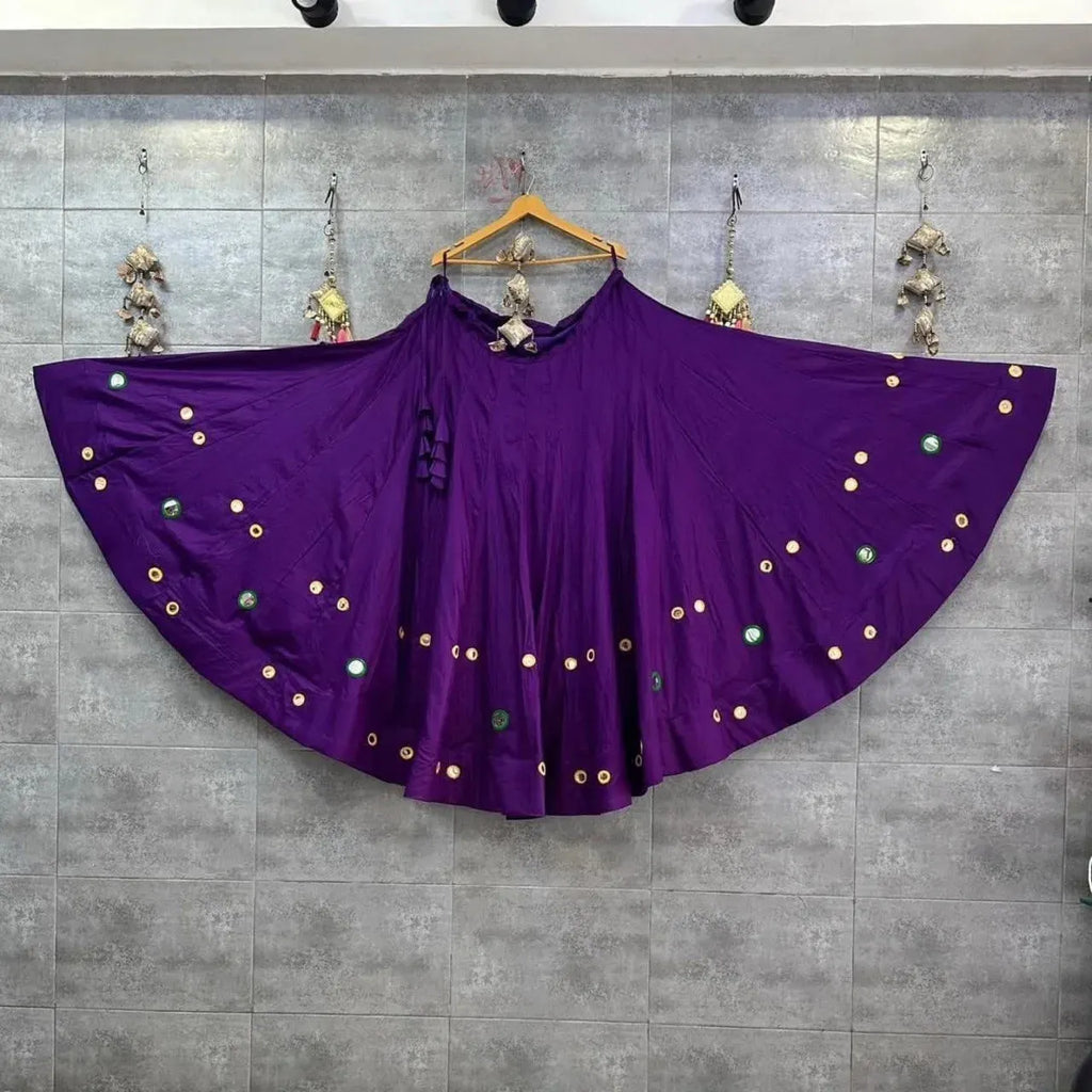 Purple cotton chaniya with heavy foil mirror work and 5-6 mtr flair