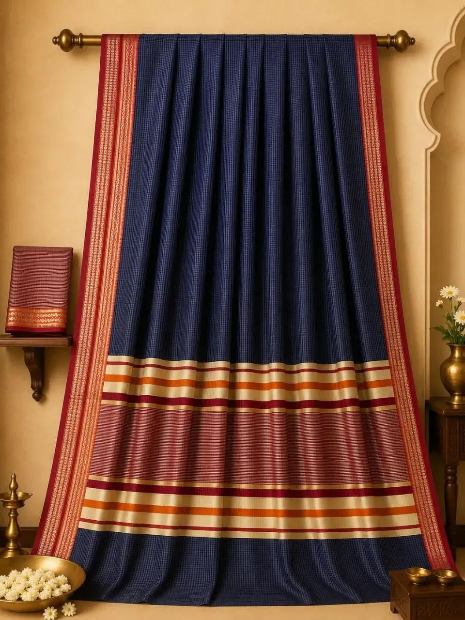 Navy blue cotton checks saree hanging with red pallu and gold border