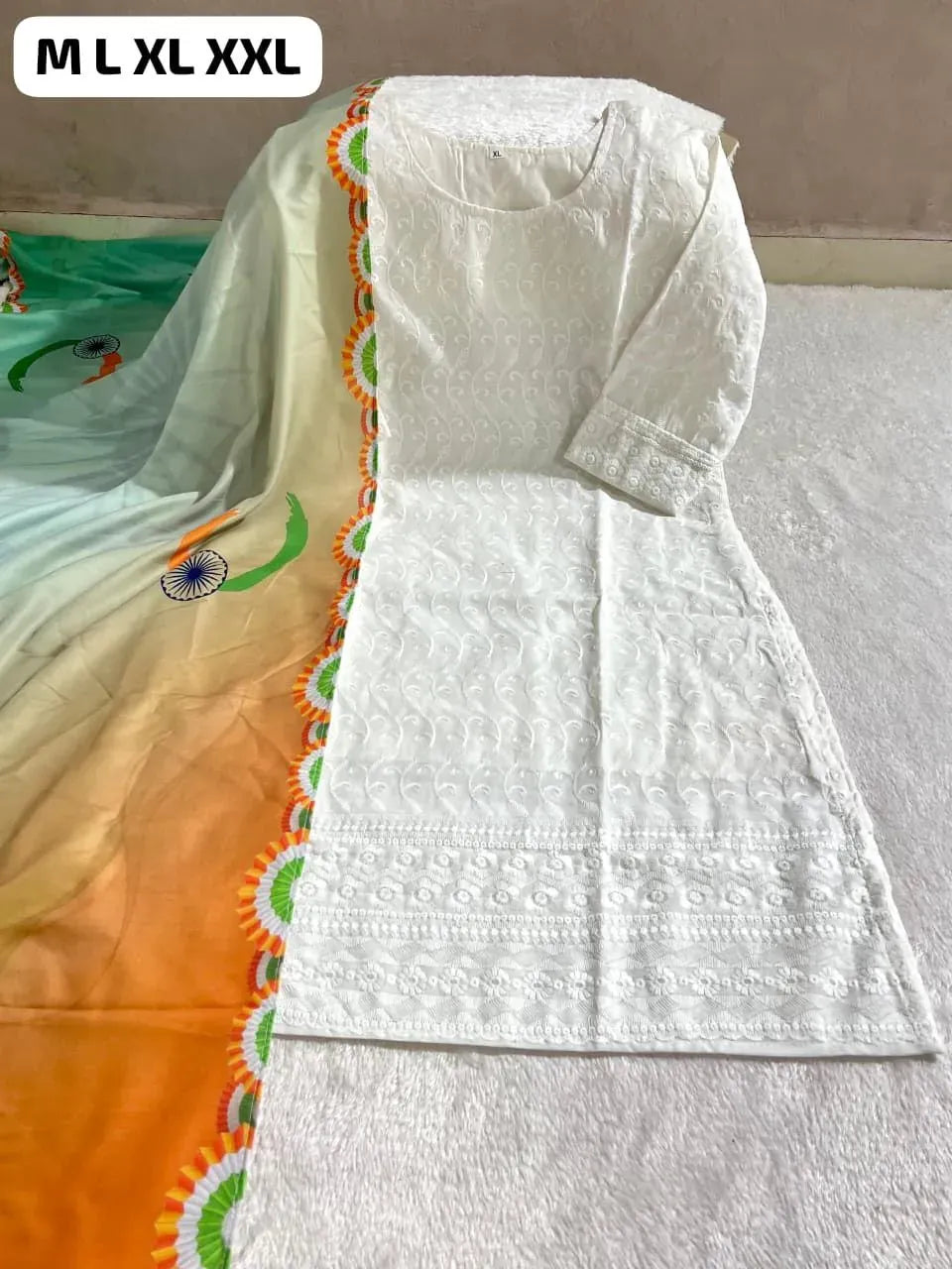 Premium White Chikankari Kurti Set with Tiranga Dupatta