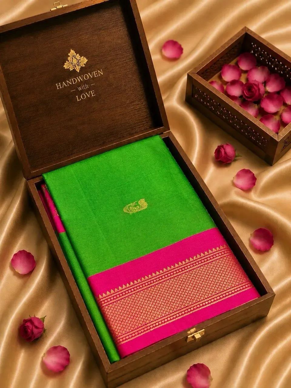 Green cotton silk saree with pink border in wooden box