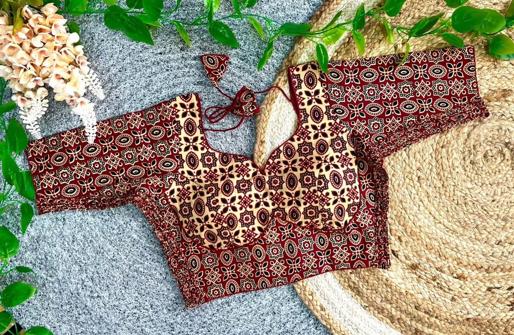 Maroon and beige ajrak cotton hand block print blouse with back tie-up detail