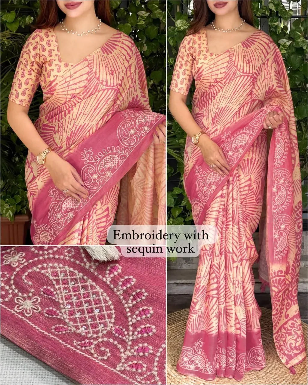 Pink printed cotton saree with embroidery and sequins on model