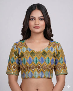 Exclusive Designer Embroidered Blouse - Padded Sweetheart Neck Festive Wear