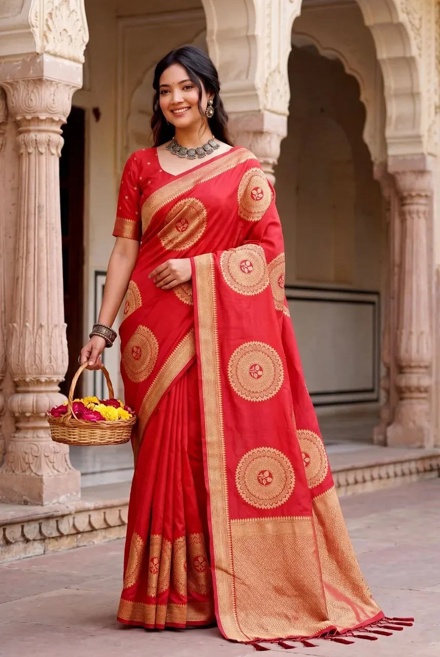 Model in red georgette saree holding flower basket front view