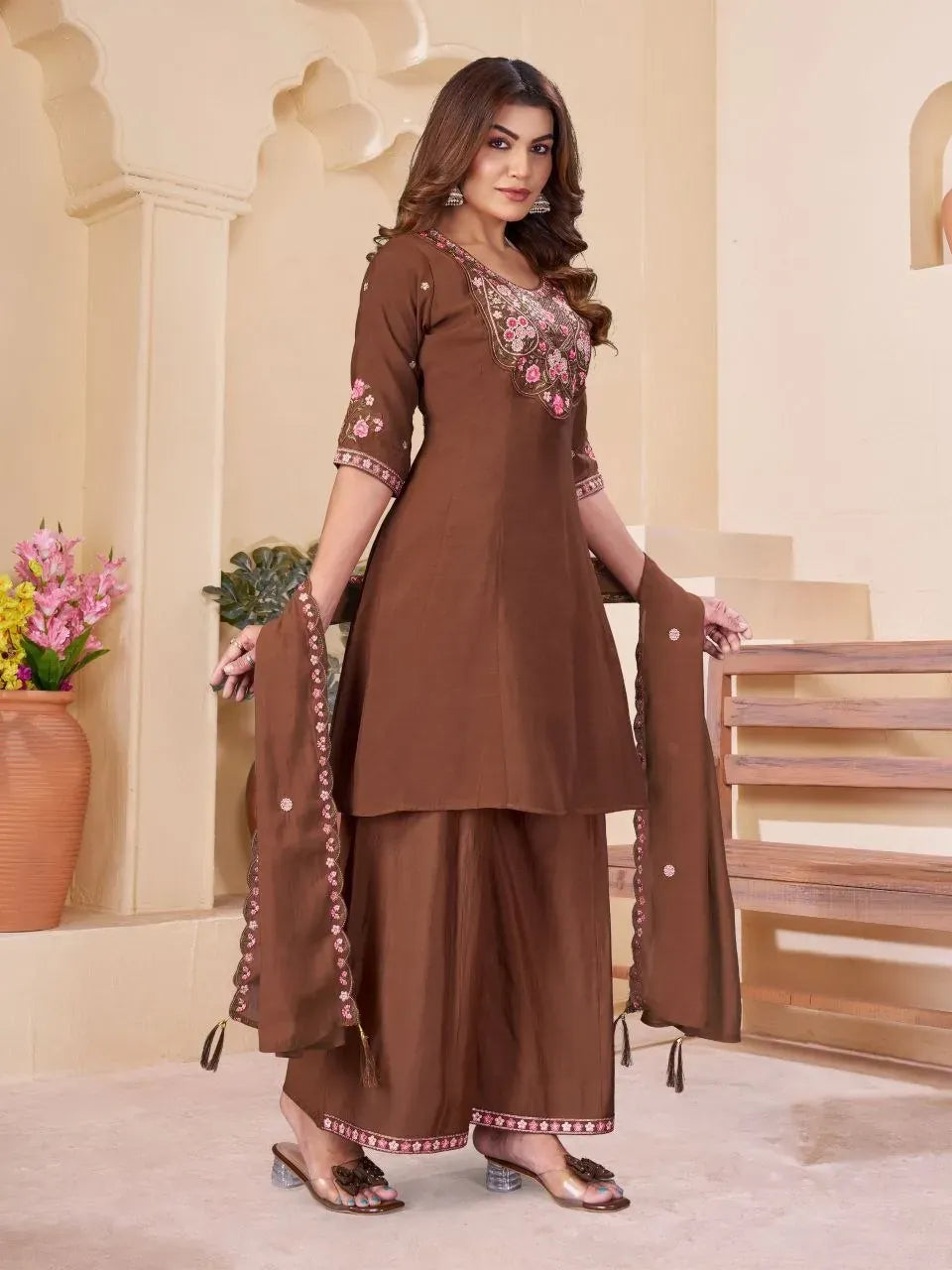 Model wearing brown Chanderi kurti set with palazzo and dupatta