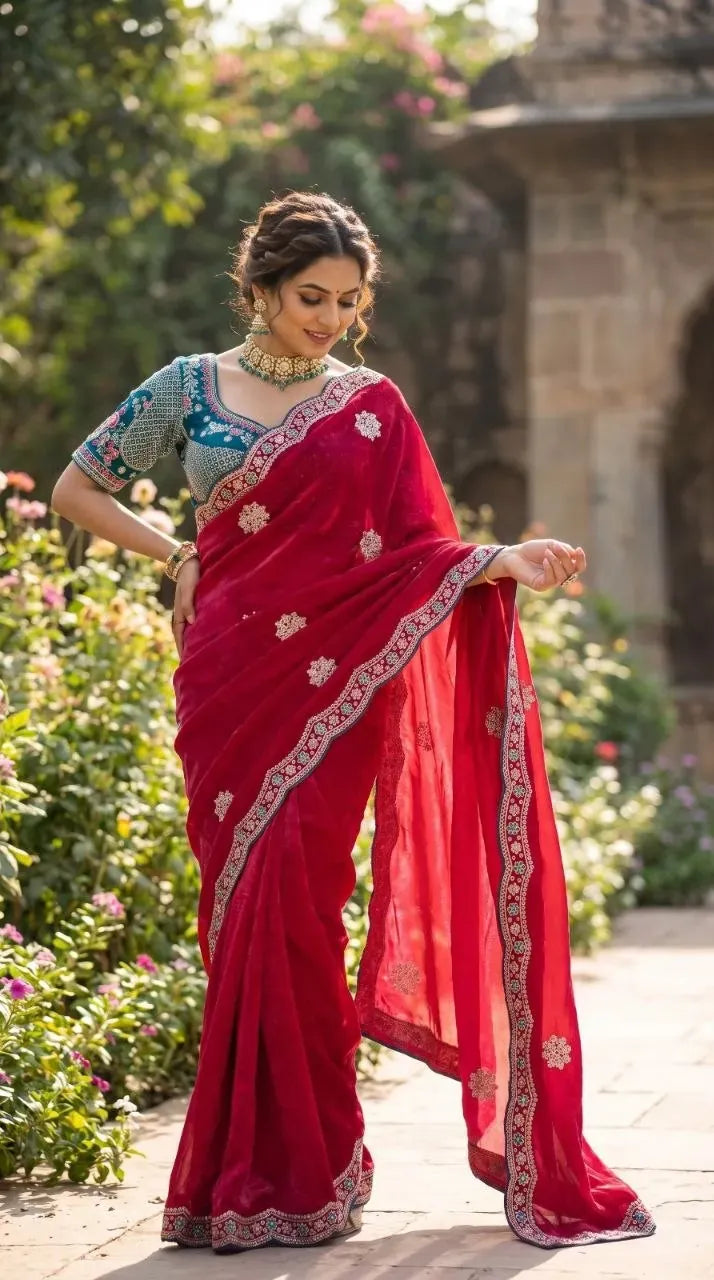 Model wearing exclusive red designer saree with heavy work outdoors