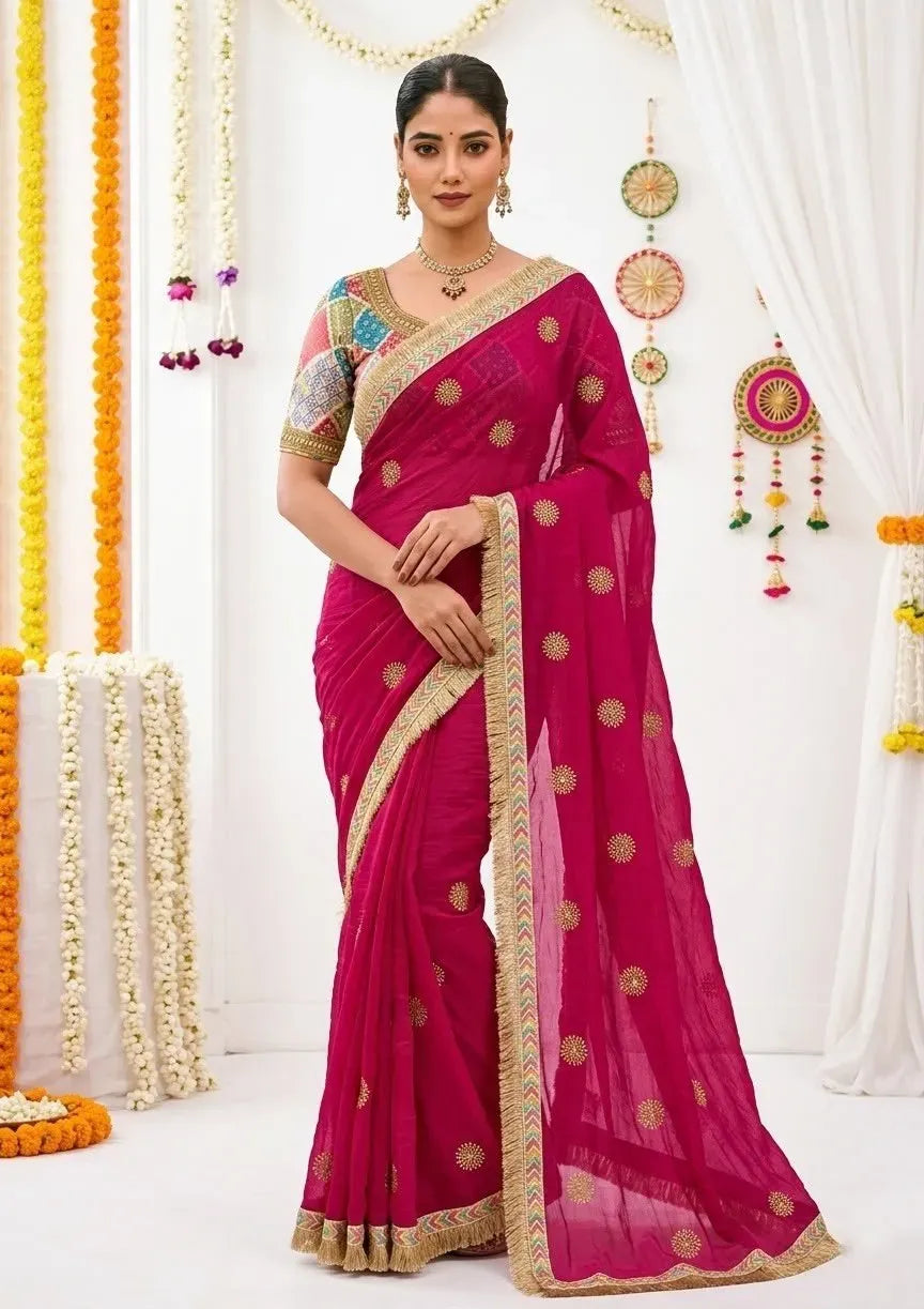 Model wearing a magenta pink satin saree with gold embroidery and lace border