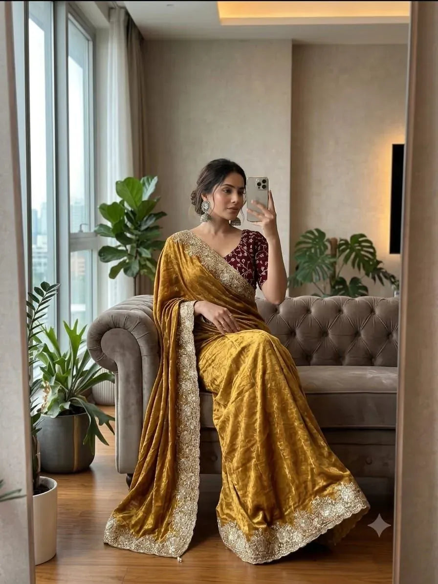 Model wearing mustard gold satin saree sitting on a sofa