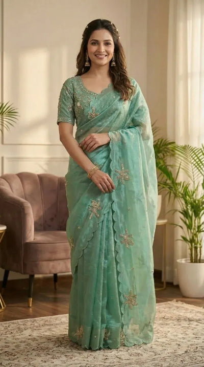 Exclusive Designer Satin Silk Saree - Handwork & Scalloped Border for Women