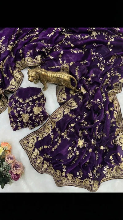 Exclusive Designer Satin Silk Saree - Heavy Embroidery & Zari Work for Festive & Wedding Wear