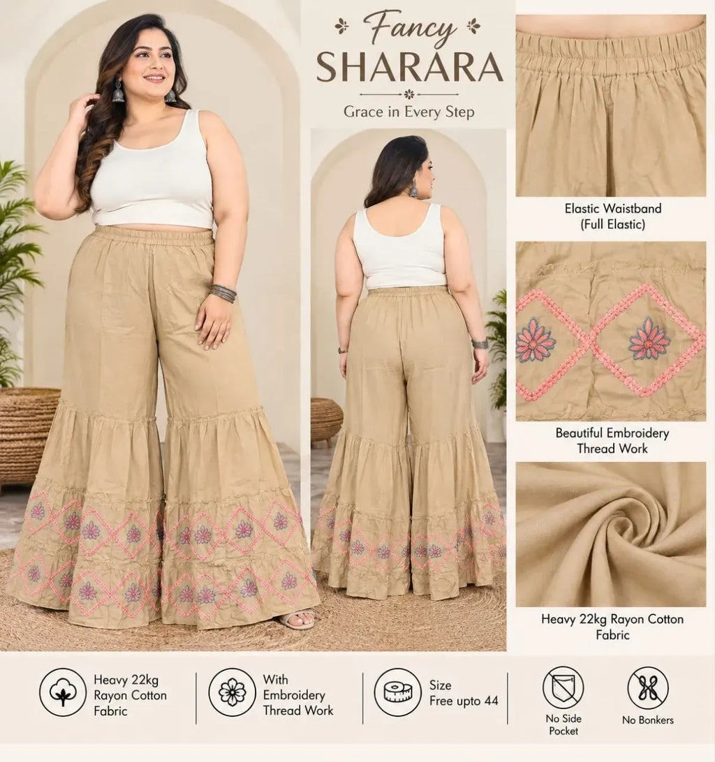 Plus size model wearing beige rayon sharara with pink floral embroidery