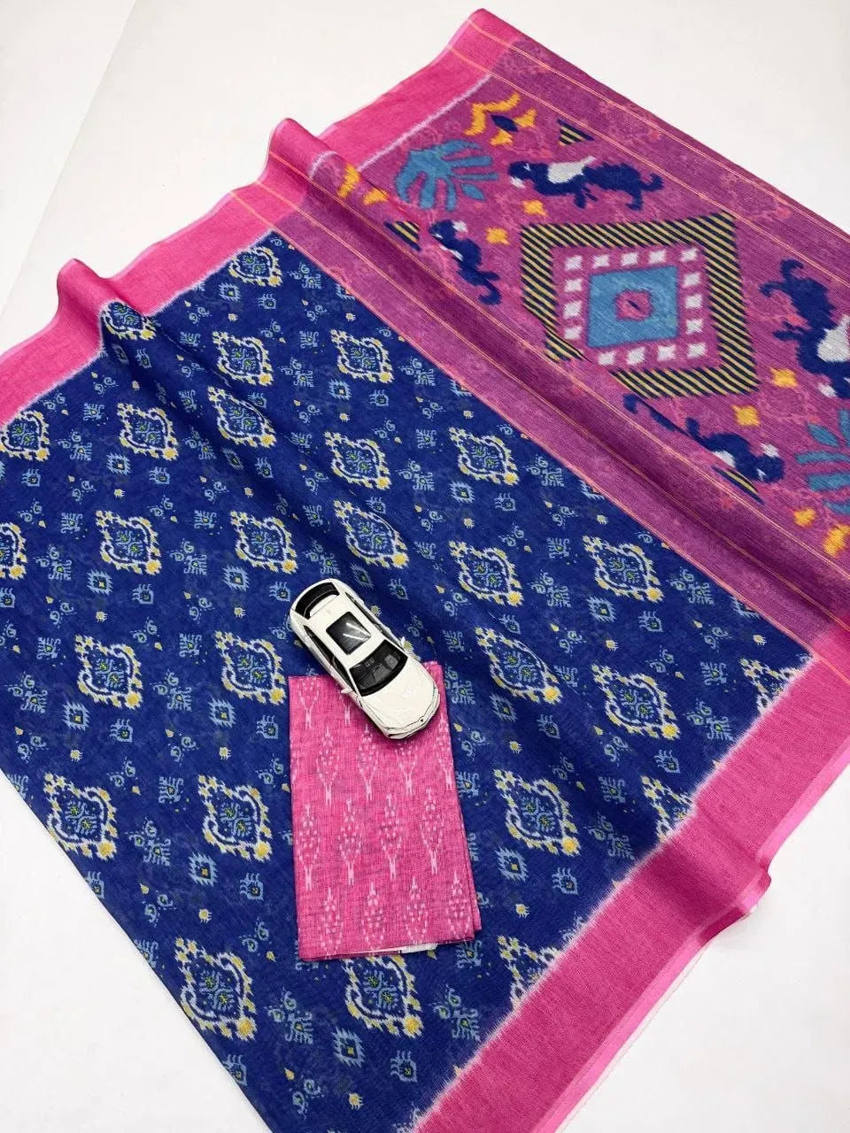 Blue and pink digital print linen saree with matching blouse piece