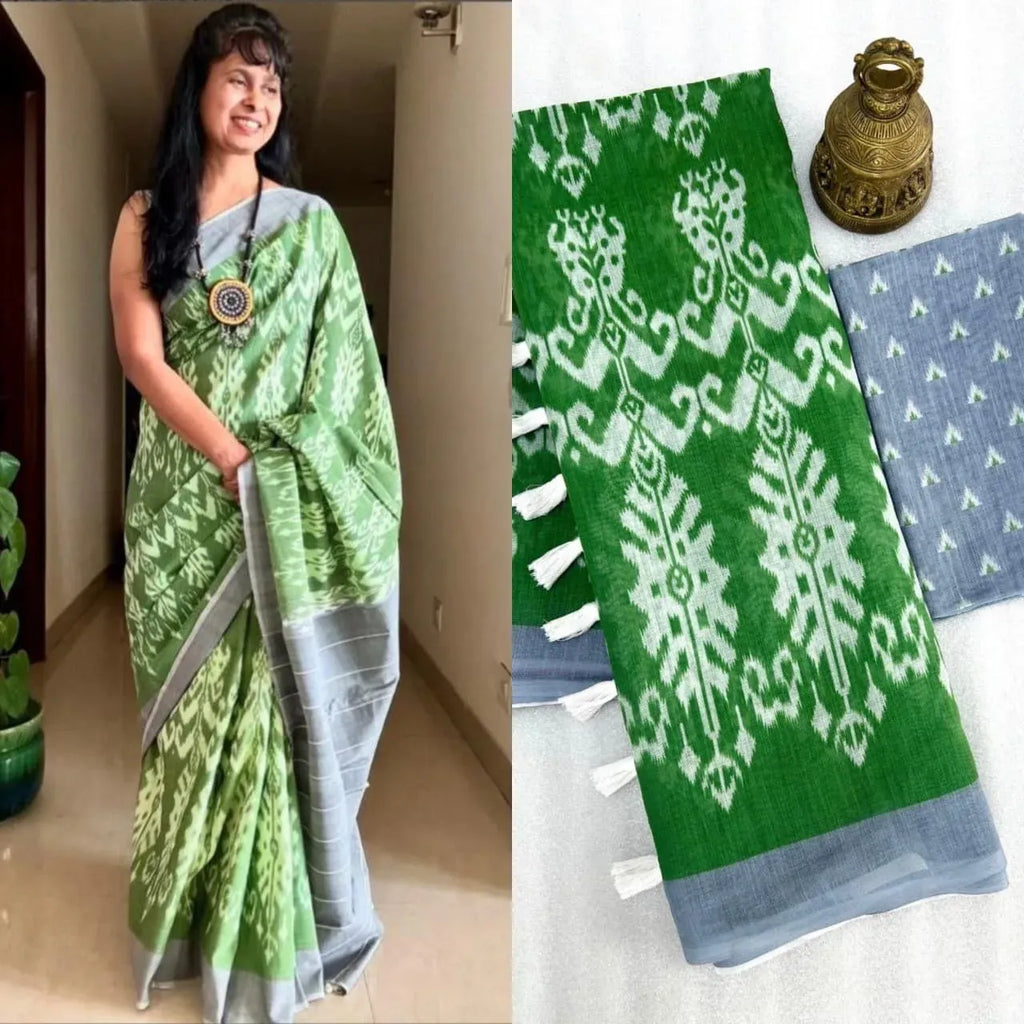 Model wearing green digital print linen saree with grey border
