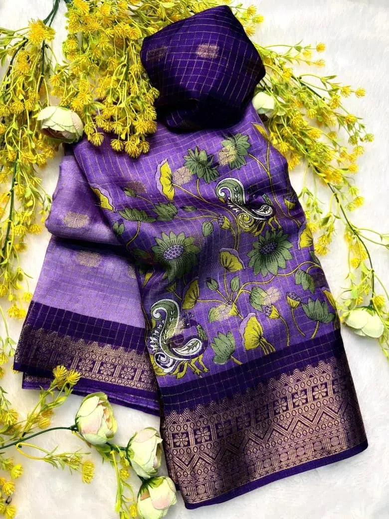 Purple dola silk saree with floral and peacock print and rich pallu