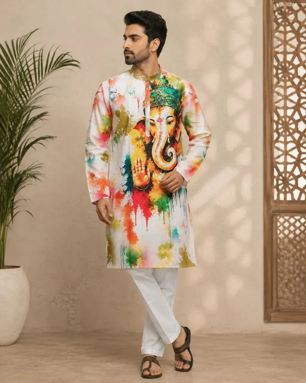 Man standing in white Ganesha printed kurta front view
