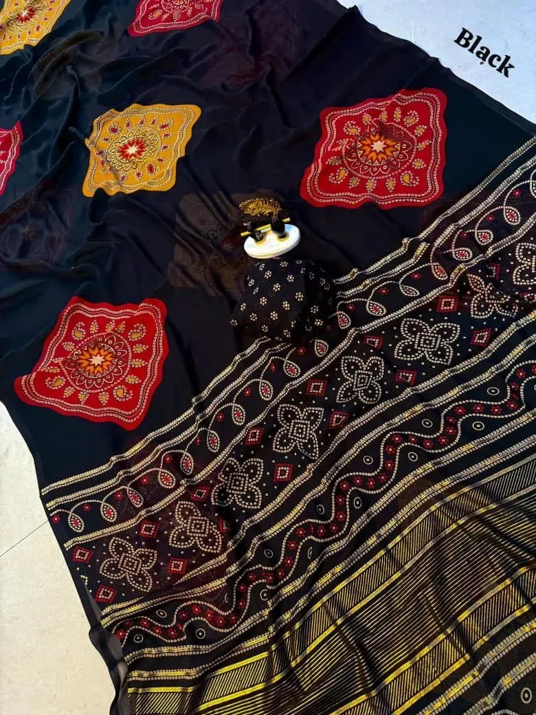 Black georgette saree with red and yellow square bandhani motifs and contrast blouse