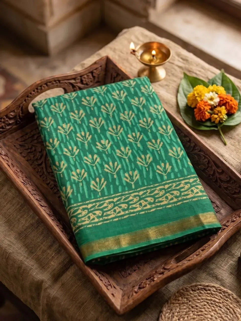 Green folded hand block printed maslin cotton saree with zari border