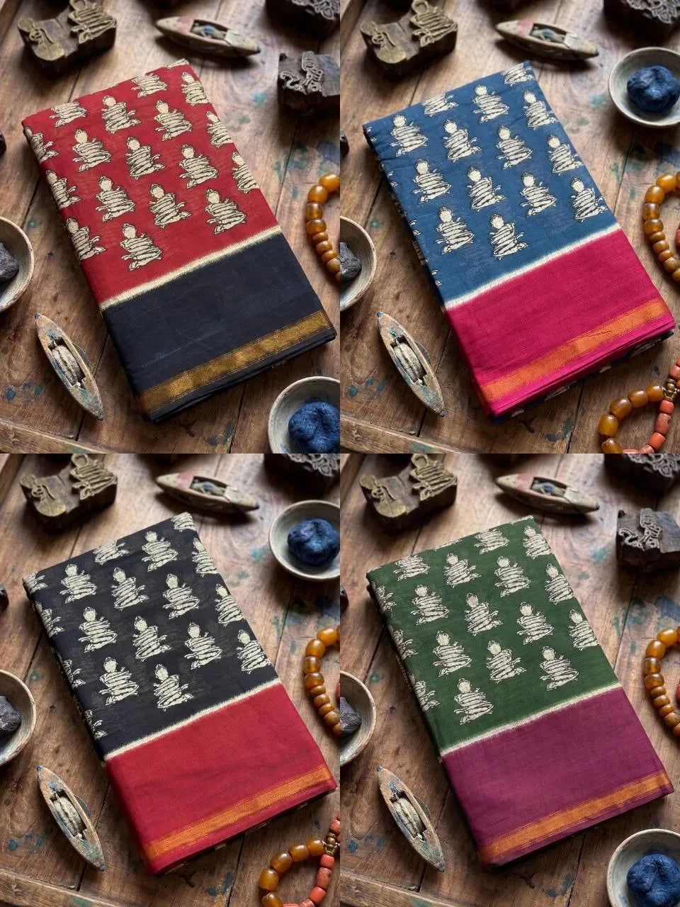 Four color variants of cotton block print sarees displayed together