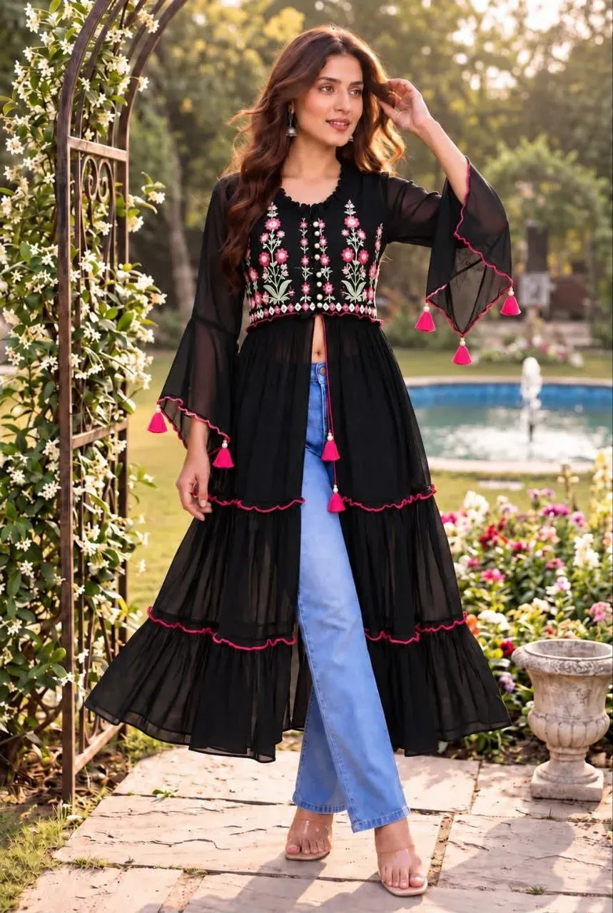 Model wearing black georgette long slit kurti with embroidery