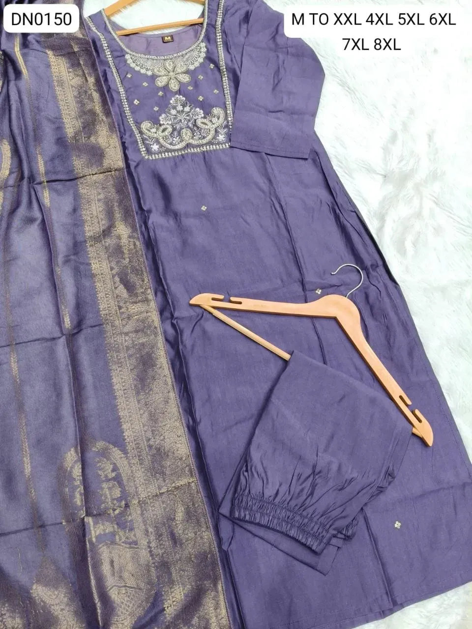 Purple heavy Roman silk kurti set with matching dupatta and intricate handwork