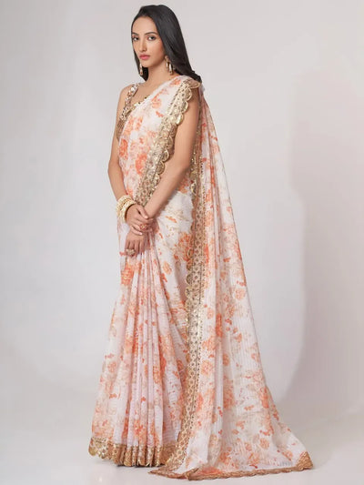 Exclusive Ivory Peach Floral Saree - Designer Wedding Collection for Women