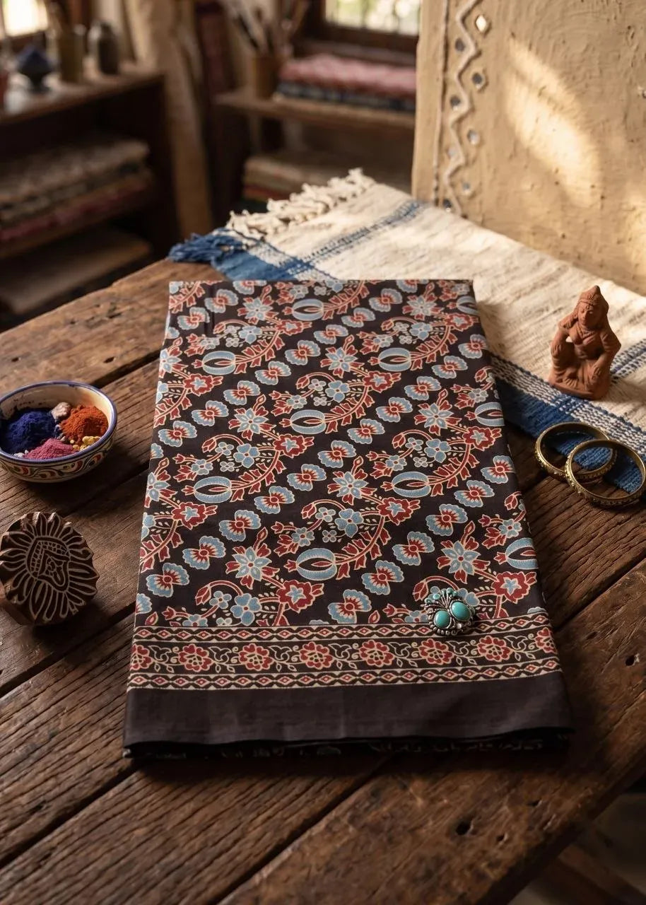 Folded black pure cotton saree with traditional Jaipur block print and decorative wooden stamps