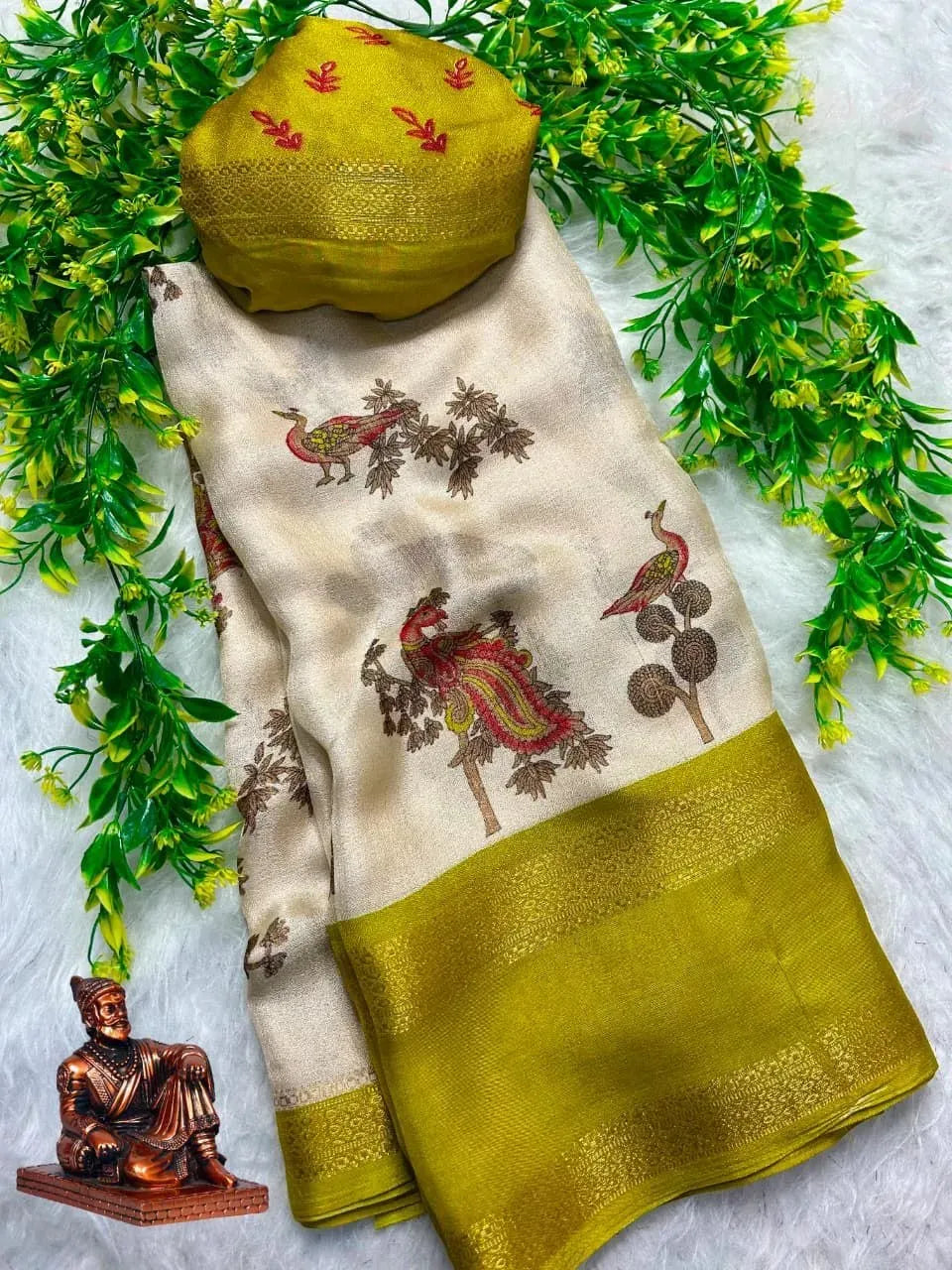 Cream and olive green kalamkari print saree with matching blouse piece