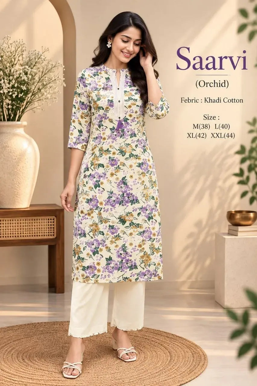 Model wearing orchid floral print khadi cotton co ord set with mandarin collar