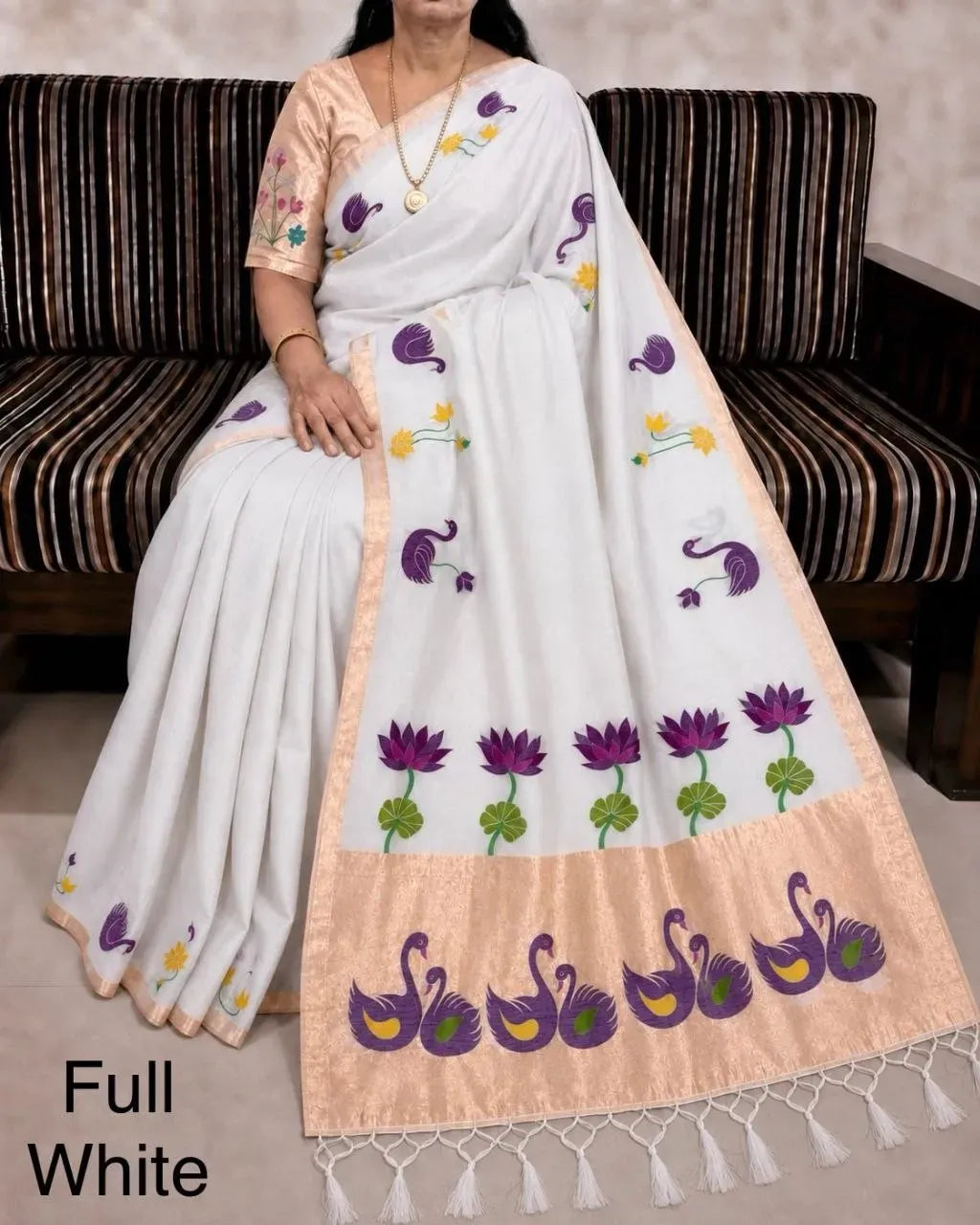 Full white khadi raw silk saree with swan and lotus motifs on model