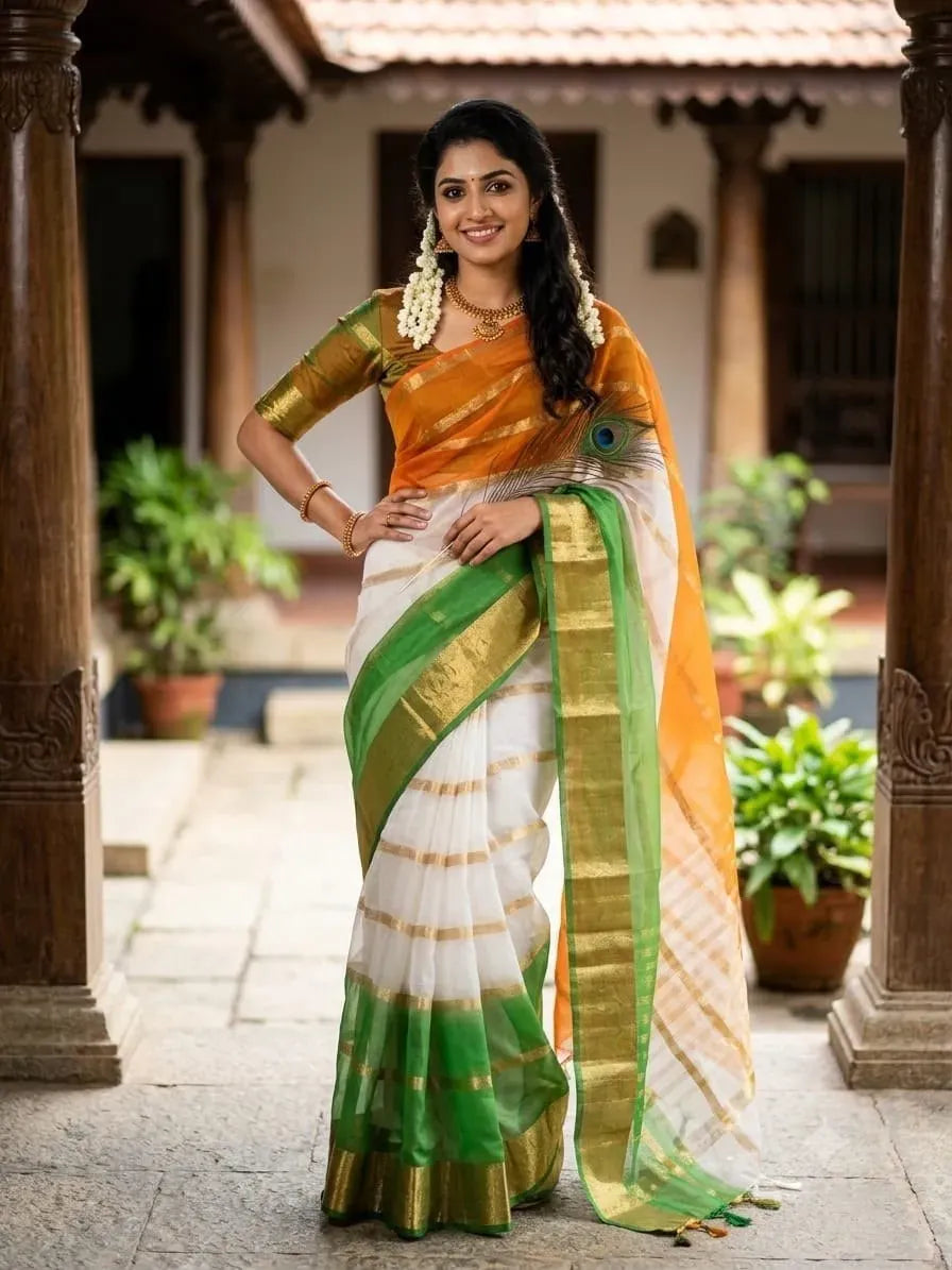 Full body view of a smiling woman standing wearing a green white and orange Kora organza saree with a gold pallu