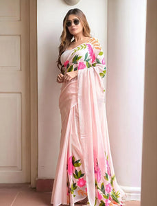 Exclusive Linen Cotton Saree - Breathable Floral Festive Wear