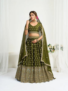 Exclusive Mahendi Chinon Silk Lehenga - Heavy Embroidery for Weddings