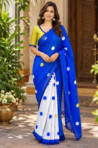 Exclusive Mul Cotton Saree with Pom Pom Lace - Classic Polka Dot Festive Wear for Women