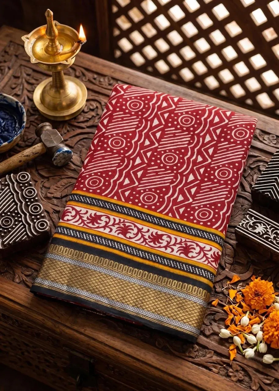Folded red geometric pattern hand-printed cotton saree with zari border